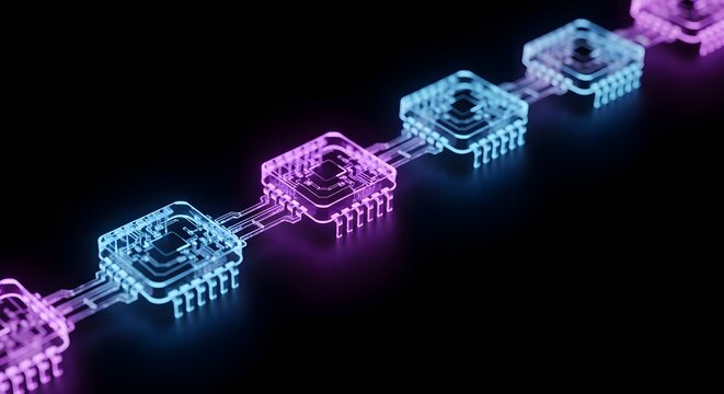 Glowing neon microchips forming a futuristic chain on dark background