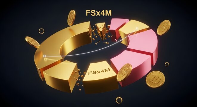 Golden and pink pie chart with scattered coins on dark background