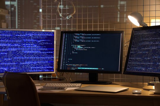 Computer monitors with programming code on table in office at night