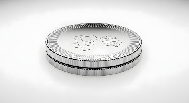 Silver coin with ruble and dollar currency symbols on white background