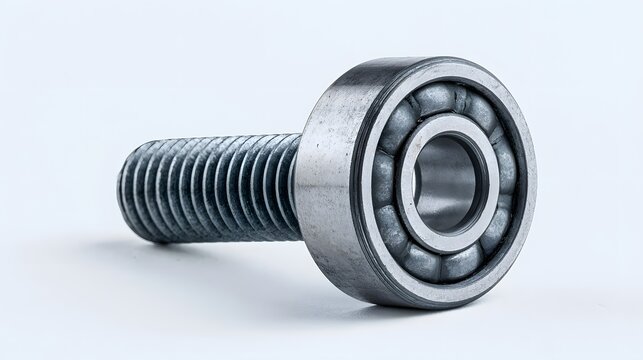 A steel roller bearing stud isolated on white background. This mechanical component represents industrial engineering and precision manufacturing for machinery applications.
