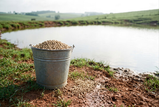 Galvanized bucket full of fish feed pellets at edge of farm pond