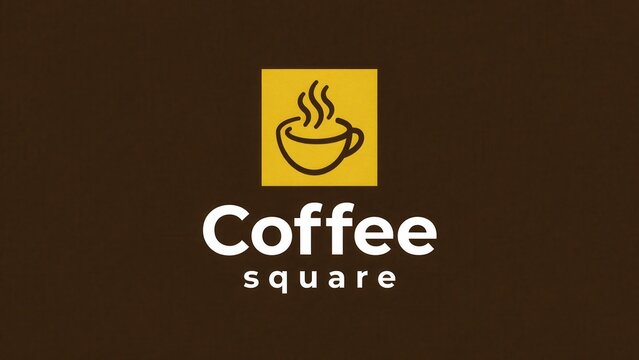 Minimalist coffee logo design featuring a steaming cup inside a yellow square on brown background. Ideal for cafe branding and hot beverage business identity.