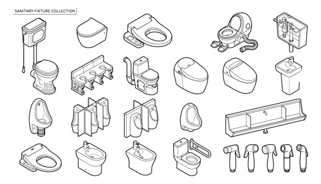 Sanitary Fixture Isometric Icon Set &ndash; Toilet Bidet Urinal Vector Illustration Collection