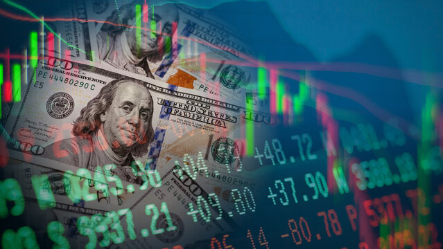 Financial data overlay with US dollar bills combined with stock market candlestick charts and digital price indicators illustrate technical analysis foreign exchange trading and macroeconomic data 