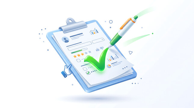 3D pen drawing a green checkmark on a survey questionnaire clipboard