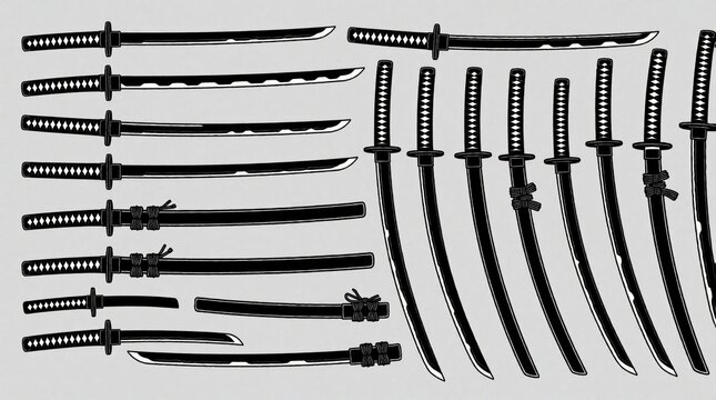 Set of Japanese katana swords and scabbards shown from different angles and lengths. Traditional samurai blades graphic illustration. Collection of flat icons for martial arts.