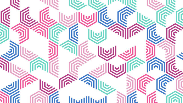 Abstract Geometric Background with Colorful Hexagonal Line Patterns on White