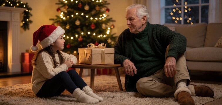A heartwarming scene of an exchange of Christmas gifts between a young girl and her grandfather near a decorated Christmas tree.