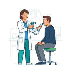 Obraz premium Doctor performing spirometry test on patient to check lung function, medical illustration with transparent lungs in background