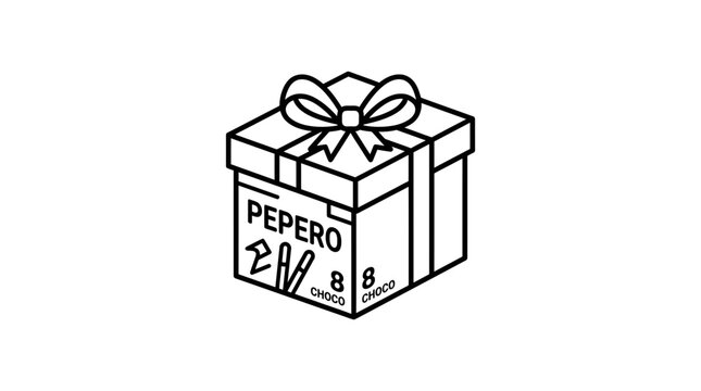 Black and white line art illustration of a Pepero gift box.