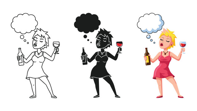 Drunk woman holding bottle and wine glass with thought bubble vector illustration
