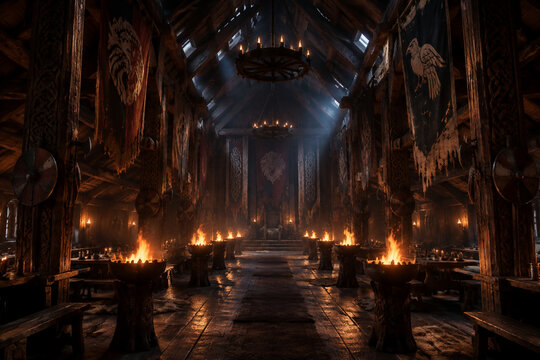 Interior of a vast Norse longhouse with burning braziers and battle banners.