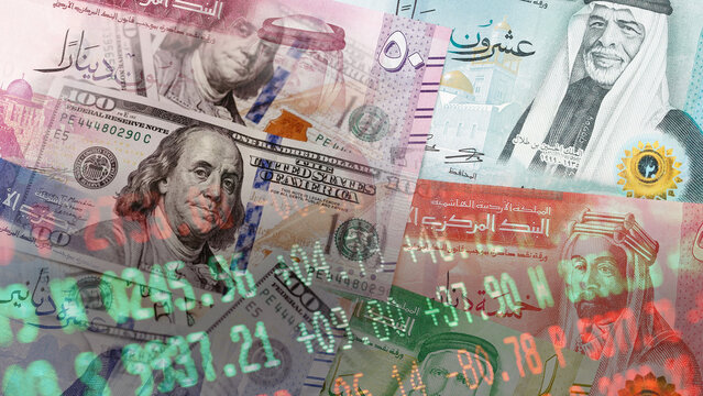 US dollar bills and Middle Eastern banknotes combined with green digital stock indicators illustrate foreign exchange trading international currency fluctuations and global macroeconomic data concepts