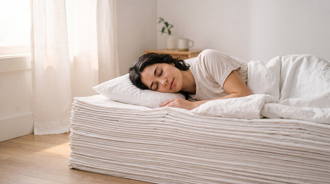 Young woman resting peacefully on top of a tall stack of white mattresses in a bright room