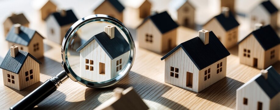 Magnifying glass inspects small wooden house model on table. Real estate agent searches for best property investment perfect home. Person evaluates housing market, house prices, residential building