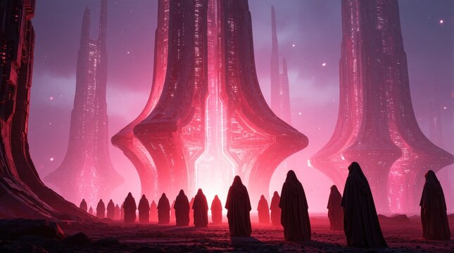 Mysterious cloaked figures gather before colossal alien towers bathed in pink light. Sci-fi landscape evokes awe and wonder, hinting at an unknown future or ancient civilization.