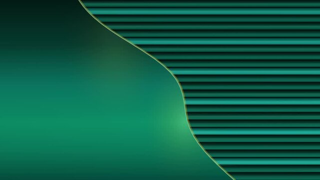 Seamless looping 4K motion graphic animation featuring horizontal glass bars extending across a diagonal wave boundary from top-left to bottom-right, with emerald green glow and warm amber reflections