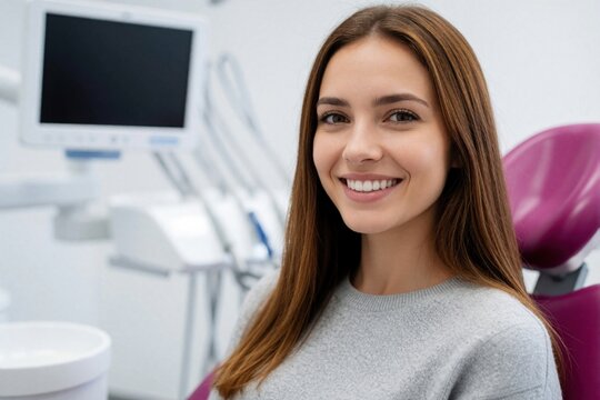 Young woman smiles in dentist chair after dental procedure. Patient happy with healthy white teeth and clean mouth. Professional dental care and exam.