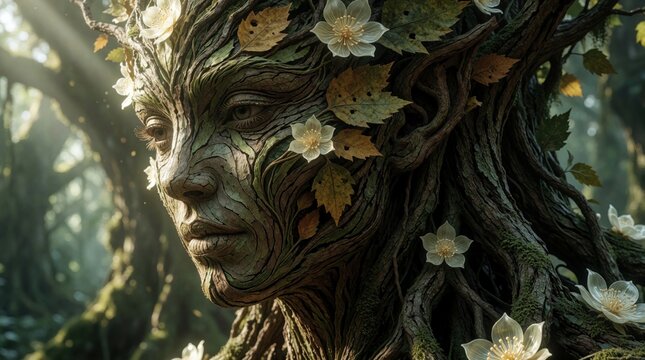 Nature spirit face sculpted from tree bark and leaves, adorned with white flowers. Ethereal light filters through the ancient forest, revealing roots merging with earth.