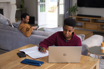 Obraz premium African American father and teenage son sitting in living room, son studying on silver laptop