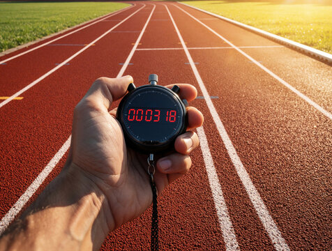 Close up of male hand holding digital stopwatch on red running track. Athlete uses timer to measure speed during sprint training at stadium. Pro sports equipment for track, field competition marathon