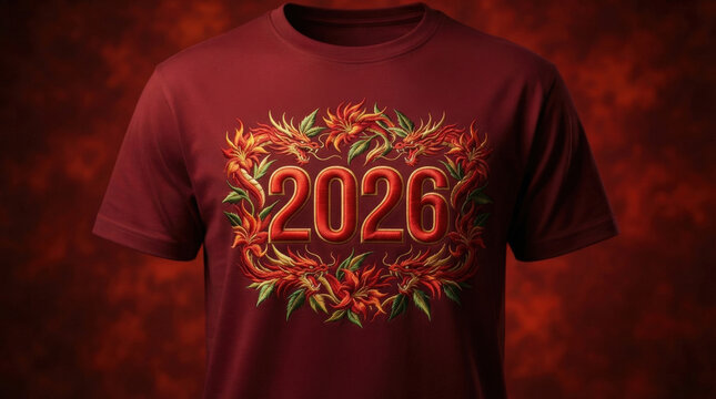 Red tshirt featuring embroidered dragon and floral pattern surrounding year number two thousand twenty six for new year celebration.
