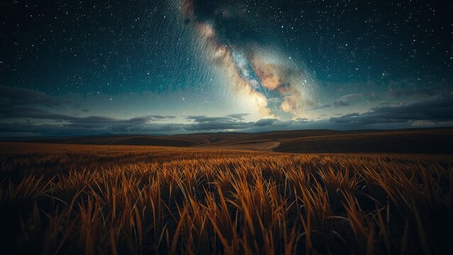 Endless rolling grassland under a starlit night sky with clouds filling the valleys, dramatic autumn low angle view