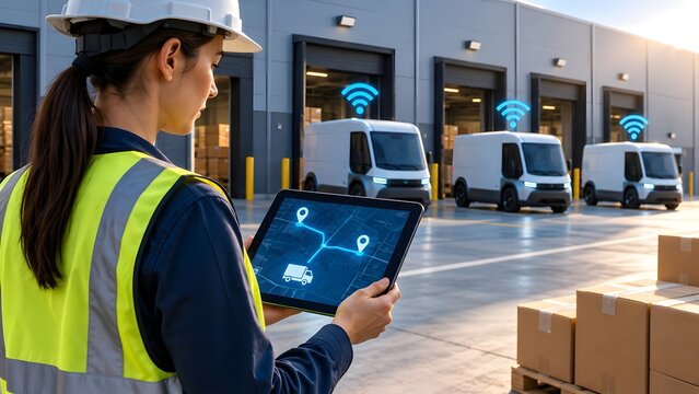 Female logistics manager using tablet for fleet routing and tracking electric delivery vans at warehouse loading dock