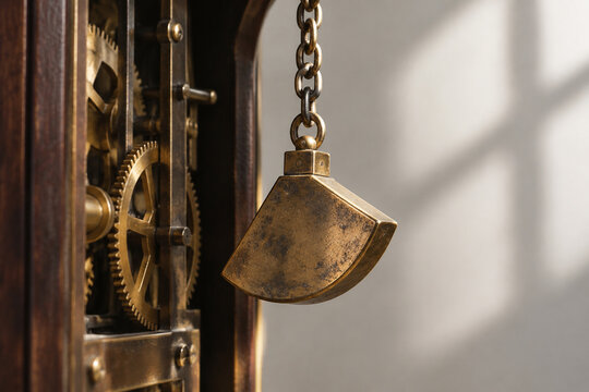 Close-up of a brass sector-shaped counterweight on a chain inside an antique clock.