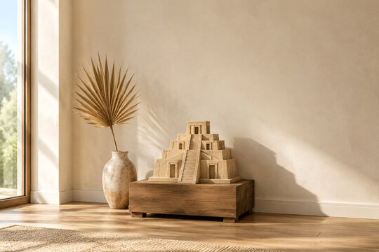 Miniature ziggurat sculpture with dried palm frond, ancient culture and home decor concept