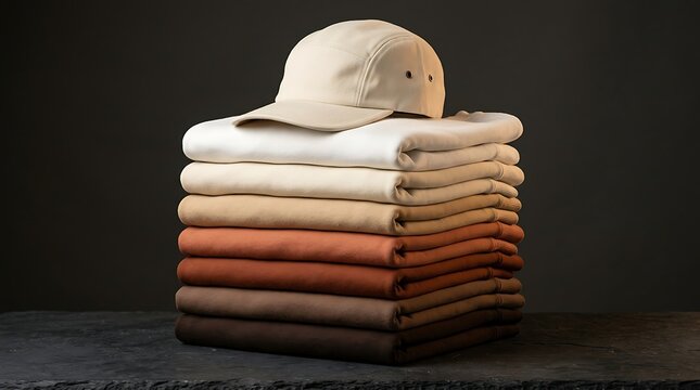 Stack of folded cotton sweatshirts in gradient color palette from white to dark brown topped with matching baseball cap on dark textured surface for clothing boutique photography