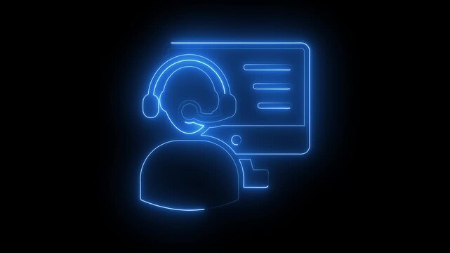Neon customer support headset and profile icon animation for call center service, technical assistance, help desk, and online customer care concepts