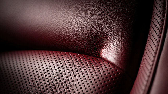 Dark red perforated leather car. Closeup view shows texture detail of automotive interior upholstery. Smooth grain surface contrasts with punched holes. Luxury auto seating.