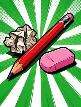 Red pencil, pink eraser, crumpled paper ball on green radial pop art background. Stationery tools for school office work. Concept of mistake, correction, creativity, failed idea. Vibrant comic style