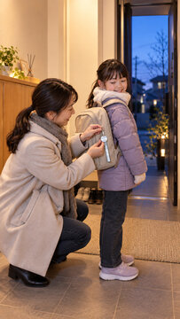 Mother attaching a safety reflector to her daughter's backpack，娘のリュックに安全用の反射材を取り付ける母親