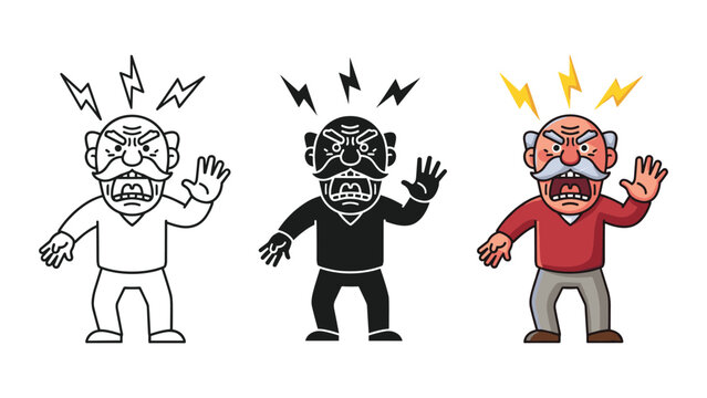 Furious shouting old man with lightning symbols vector graphic design
