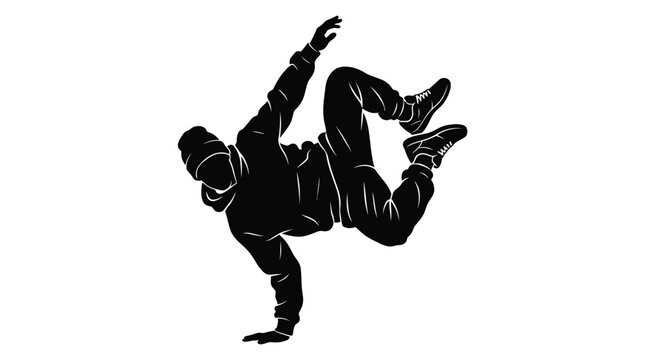 Dynamic street dancer performing complex breakdance pose in this high contrast vector graphic illustration featuring bold black ink silhouette design