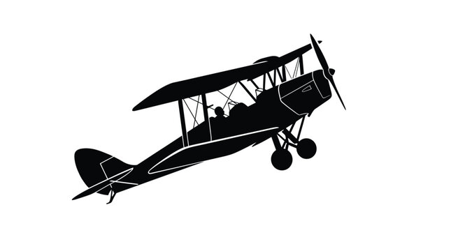 Vintage biplane silhouette vector illustration showing a classic historical aircraft flying mid air with simple black shapes on white background