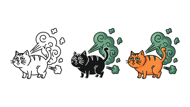 Farting cat vector art collection with cute green gas cloud