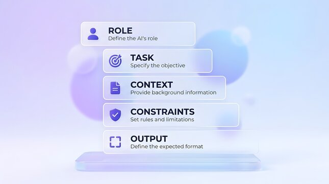 AI prompt structure with role task context constraints and output defined on glass like interface elements with soft blue and purple background
