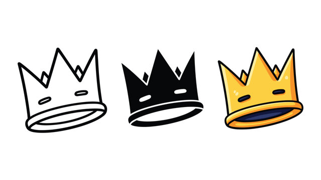 Cute cartoon crowns in outline solid and color vector styles