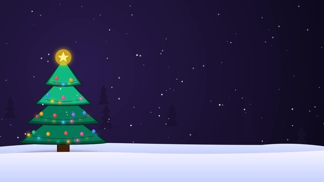 4K motion graphic animation featuring a festive Christmas tree positioned far left with falling snow, magical purple-midnight gradient background, silhouette trees, twinkling lights, and a glowing sta