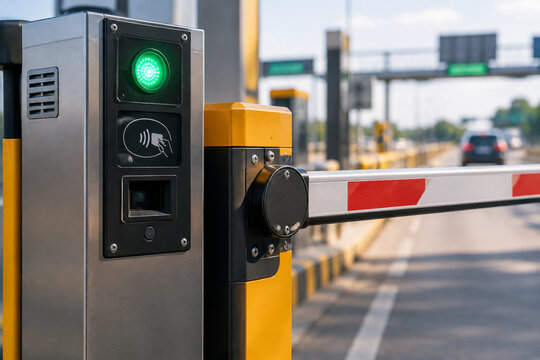 Close-up view of an automated toll machine with green light and barrier arm.