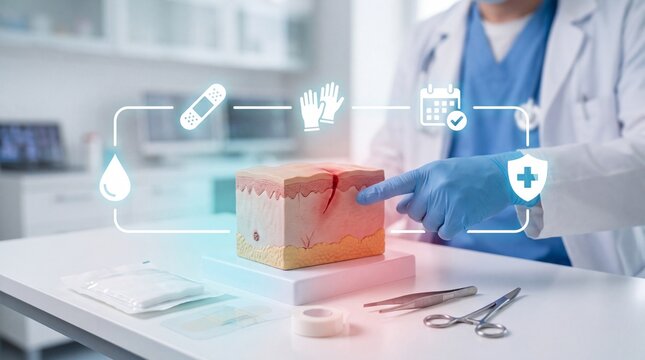 Doctor pointing at a skin tissue model with medical icons on a desk with professional clinic points