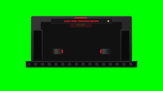 Premium Black Friday retail animation featuring a product entering a mechanical shopping machine, receiving a promotional 50 percent off badge, and exiting smoothly. Features a Chroma Key Green Screen
