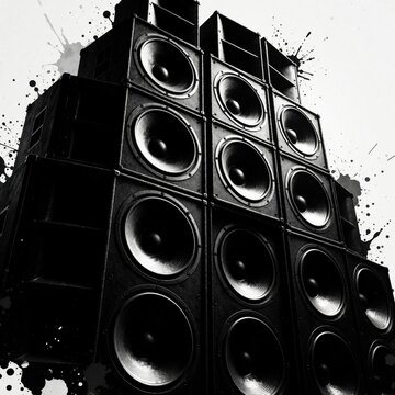 Massive stack of black speakers creates dramatic powerful sound effect. Ink splatters add abstract grunge texture to this loud audio equipment illustration. Modern graphic design for music events.