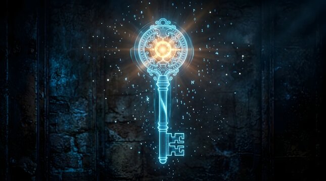Digital key glowing with binary code and light particles against a dark textured wall symbolizing access and technology