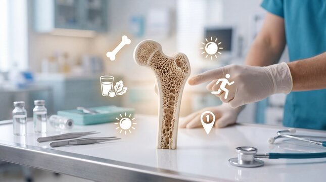 Medical professional pointing at a porous bone model in a clinical laboratory environment