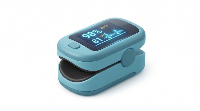 Light blue fingertip pulse oximeter displaying SpO2 98 percent and pulse 81 bpm with ECG waveform, medical device isolated on white background.